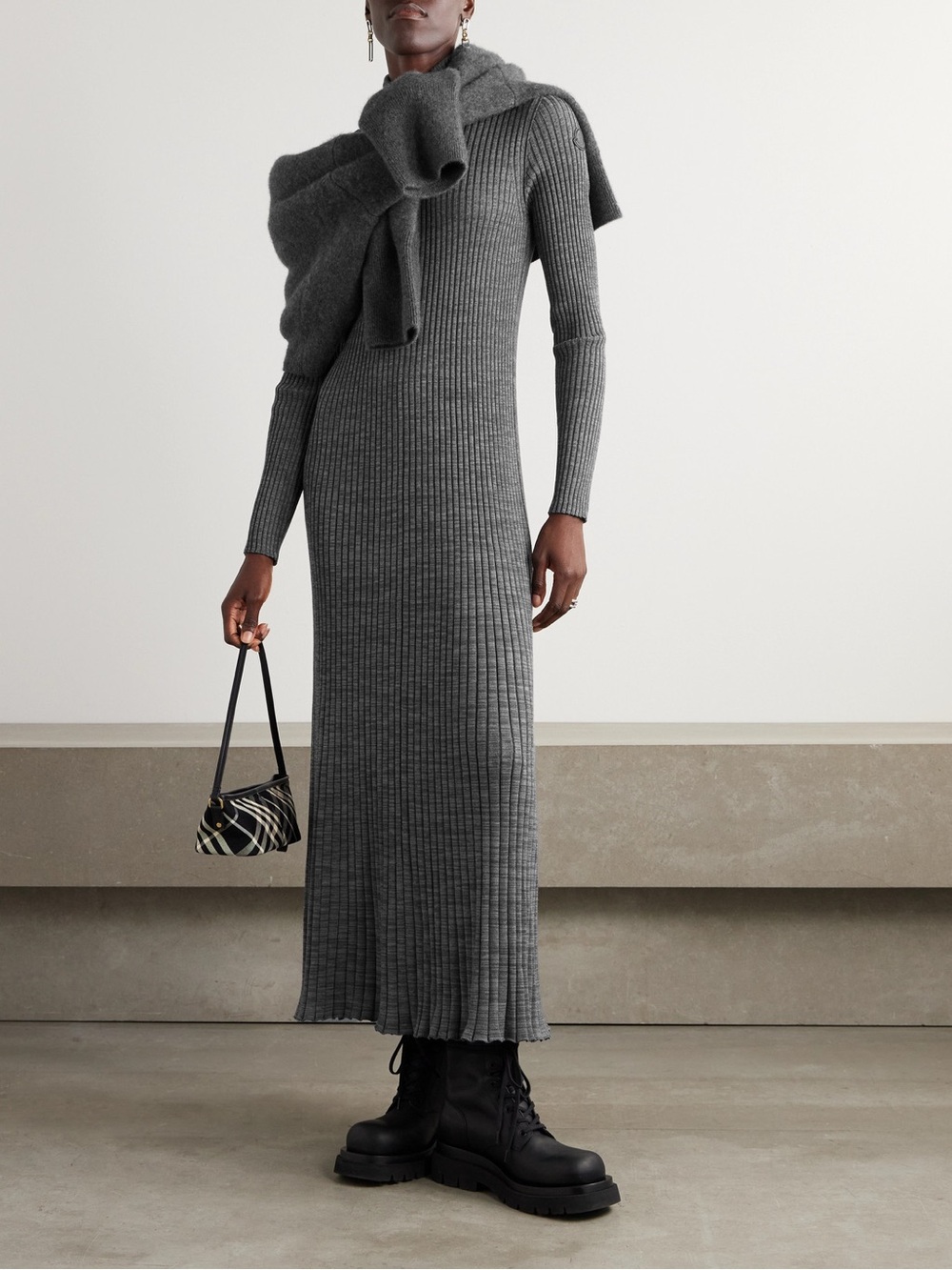 Moncler Grey Ribbed Midi Sweater Dress